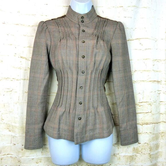 Free People Jacket Size 2 Brown Plaid Wool Button Pin Tuck Ruffle Back Military - Picture 10 of 13